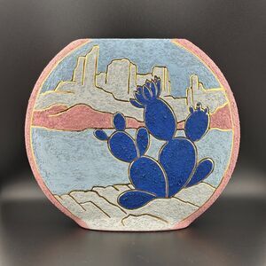 Vtg 1991 Southwest Art Pottery Flat Round Desert Cactus Vase Signed Gayle 10"